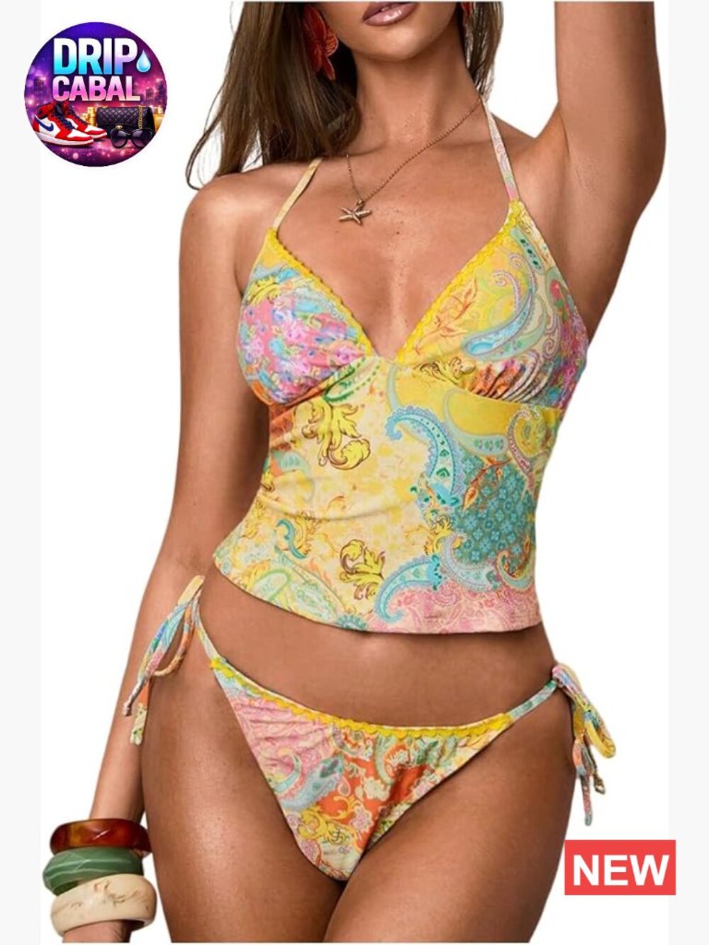 2 Piece Tankini Set Boho Paisley Halter Tie Up Swimsuit Bathing Suit